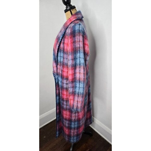 Vintage 1970s Red Blue Plaid Angora Wool Double Breasted Coat - Picture 11 of 16